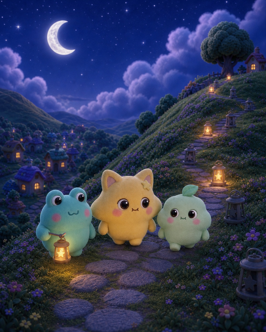 Luma camina con Pipo y Momo entre farolitos, algunos encendidos y otros apagados.
