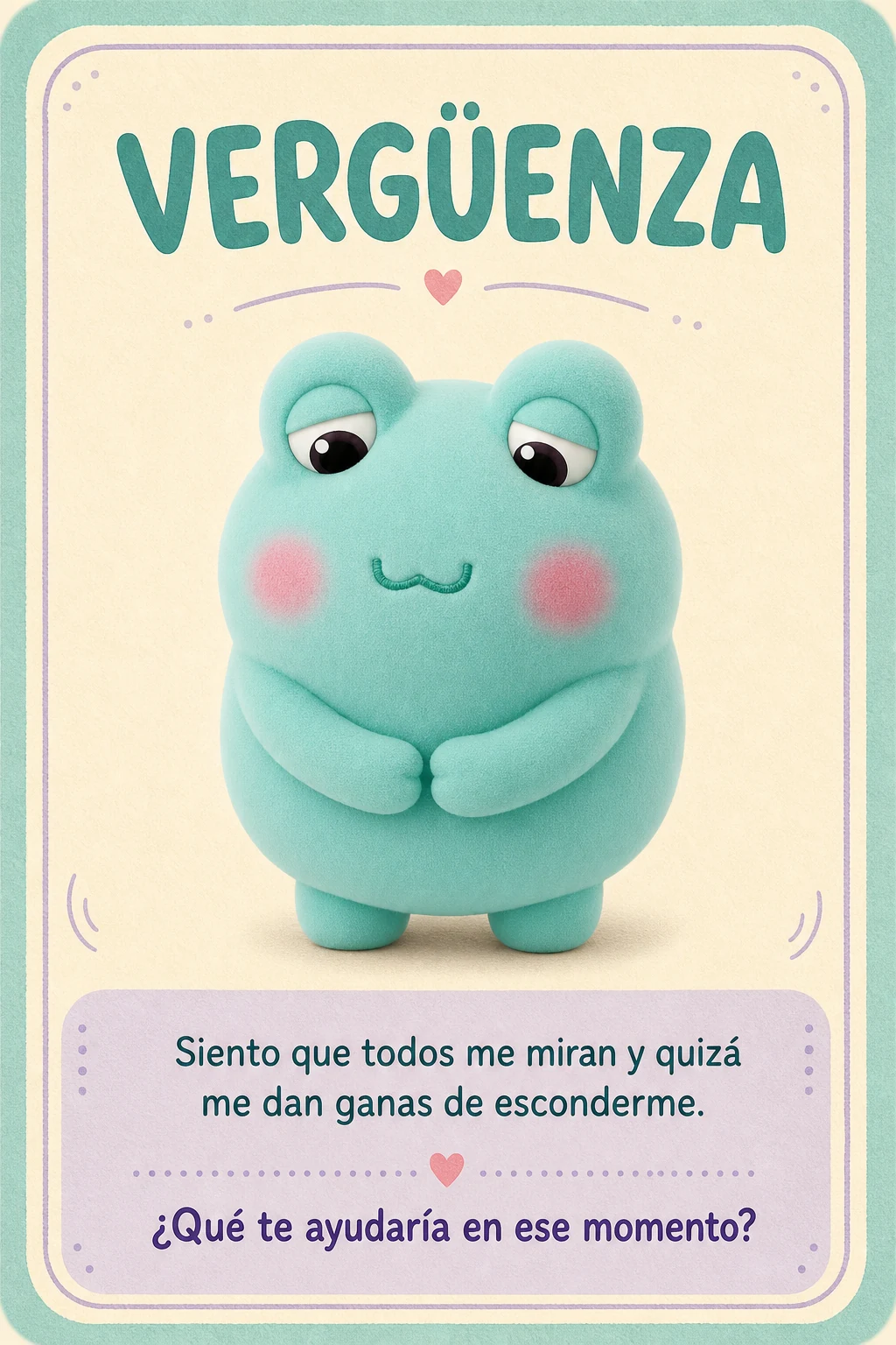 Tarjeta Vergüenza con Pipo. Siento que todos me miran y quizá me dan ganas de esconderme. ¿Qué te ayudaría en ese momento?