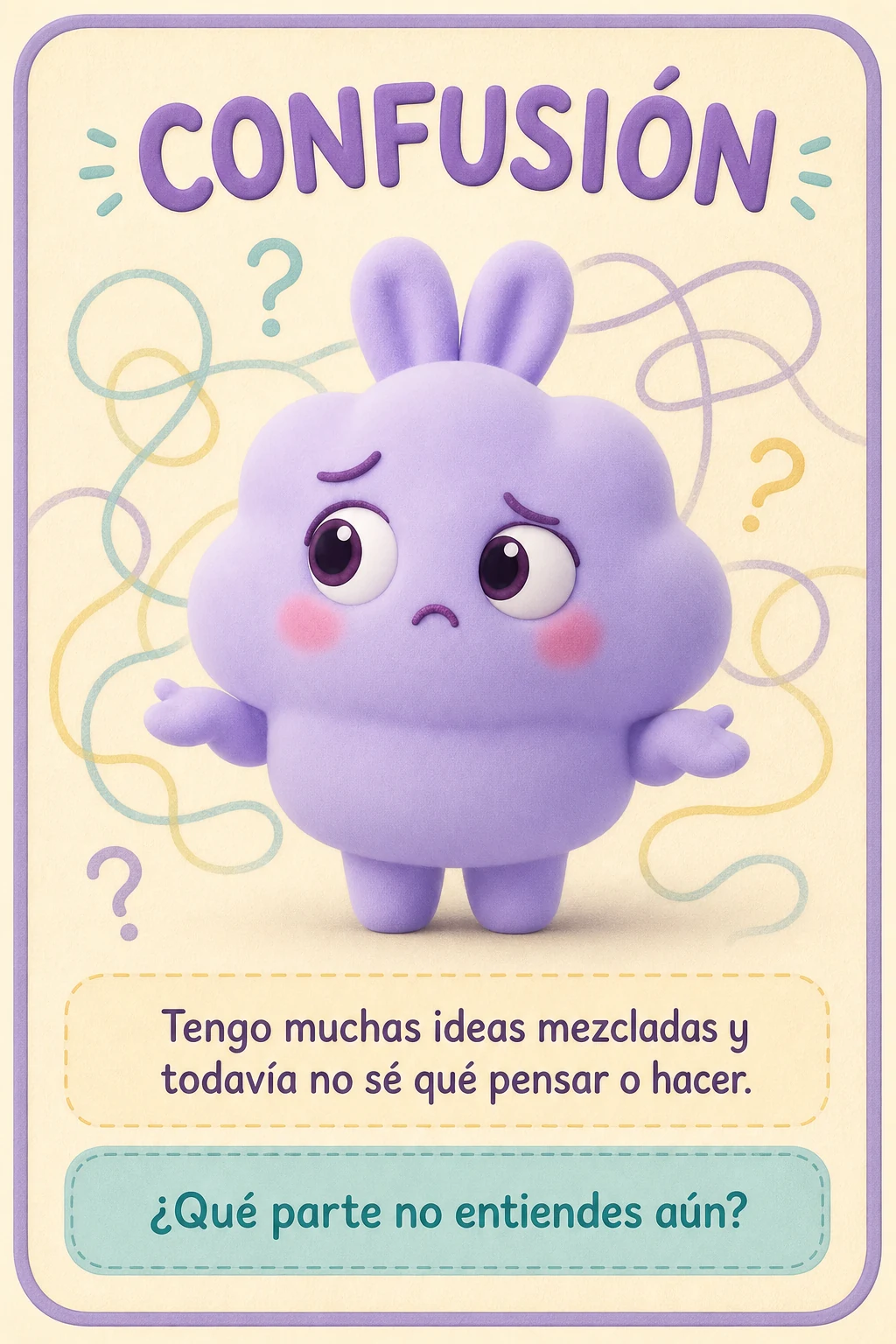 Tarjeta Confusión con Nubi. Tengo muchas ideas mezcladas y todavía no sé qué pensar o hacer. ¿Qué parte no entiendes aún?